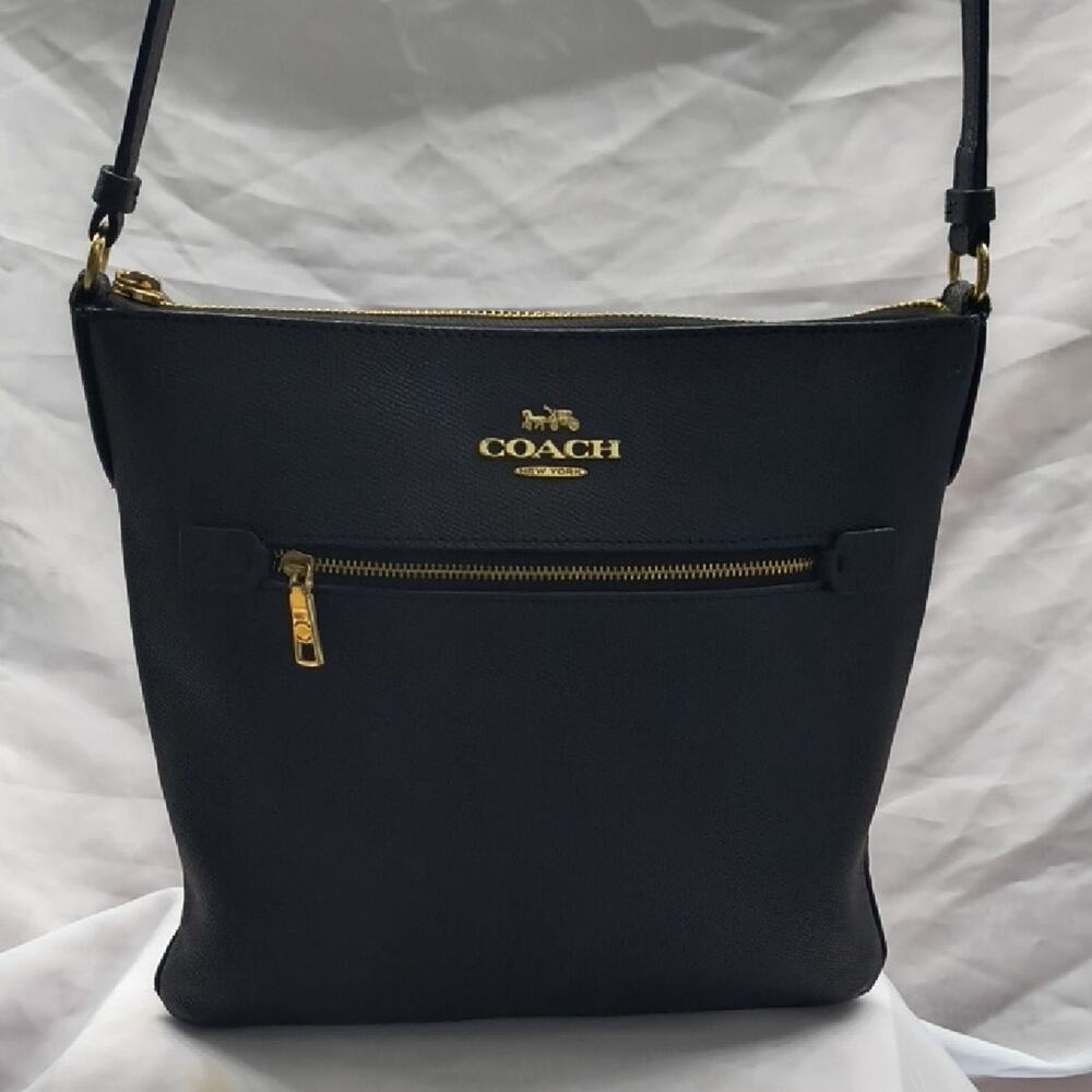 Coach Black Leather Crossbody Shoulder Bag with Gold Logo Detal.